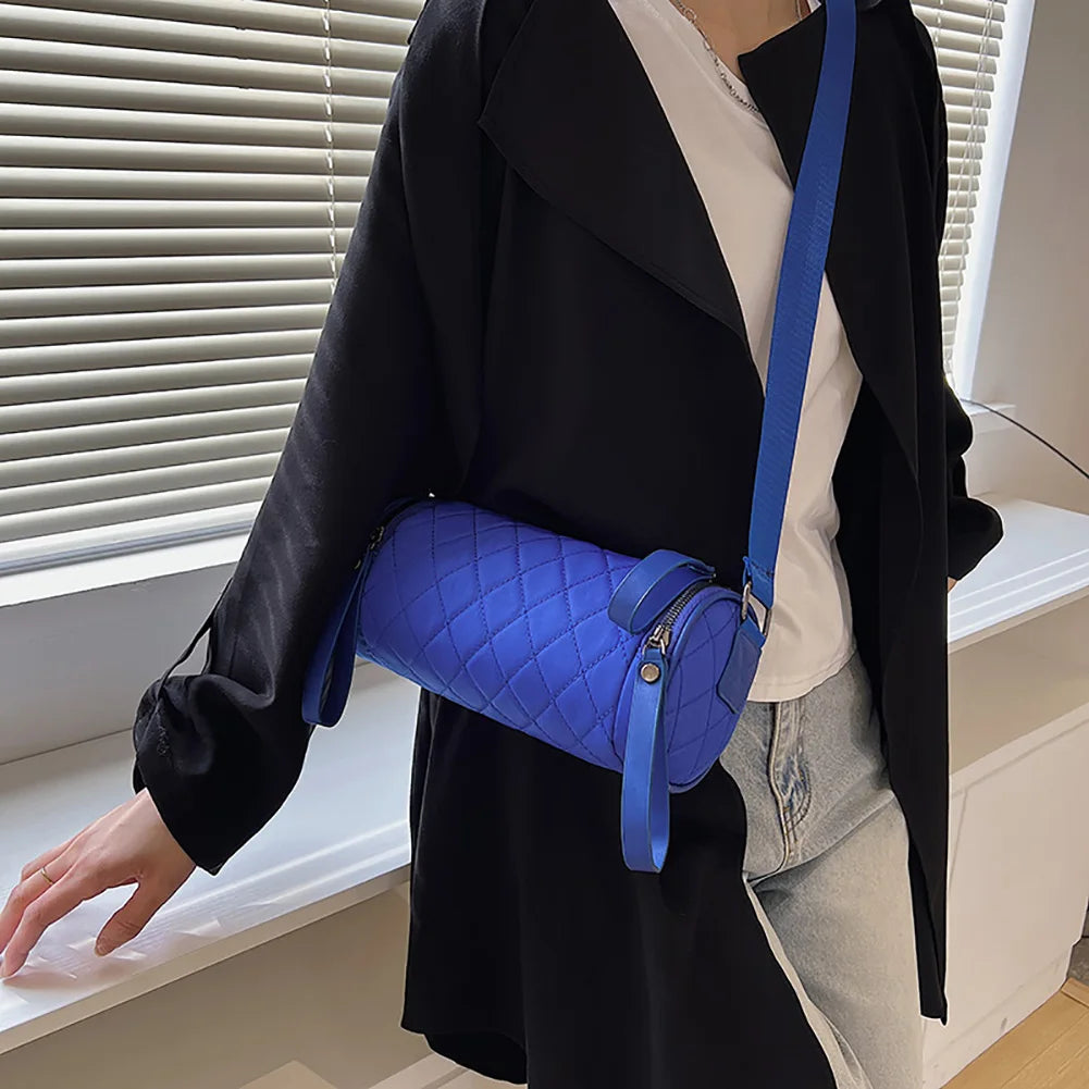 Diamond Lattice Leather Cylinder Pillow Bag Women Shoulder Crossbody Handbag
