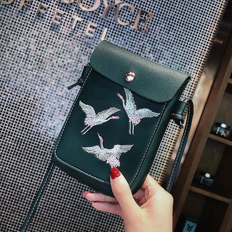 Bird Embroidery Mini Crossbody Bag for Women Girls