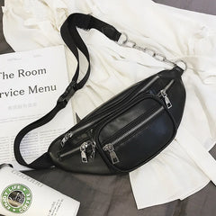 Women PU Leather Chest Fanny Pack Punk Crossbody Bag Chains Waist Pack