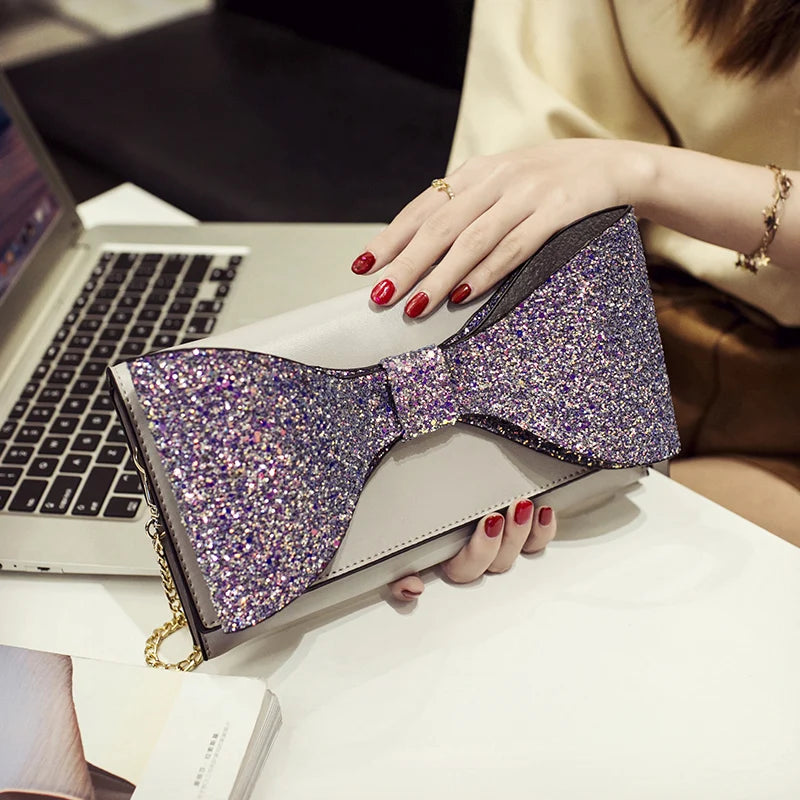Sparkling Bow Women Clutch Evening Bag Chain Messenger Purse