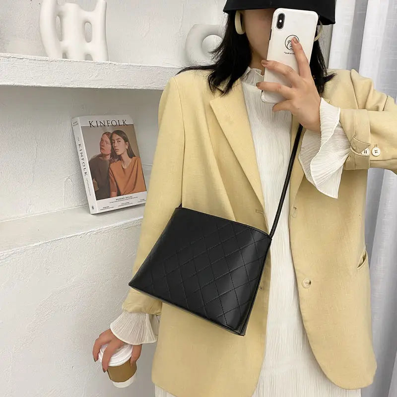 Plaid PU Leather Bucket Bag for Women, Small Square Messenger Handbag