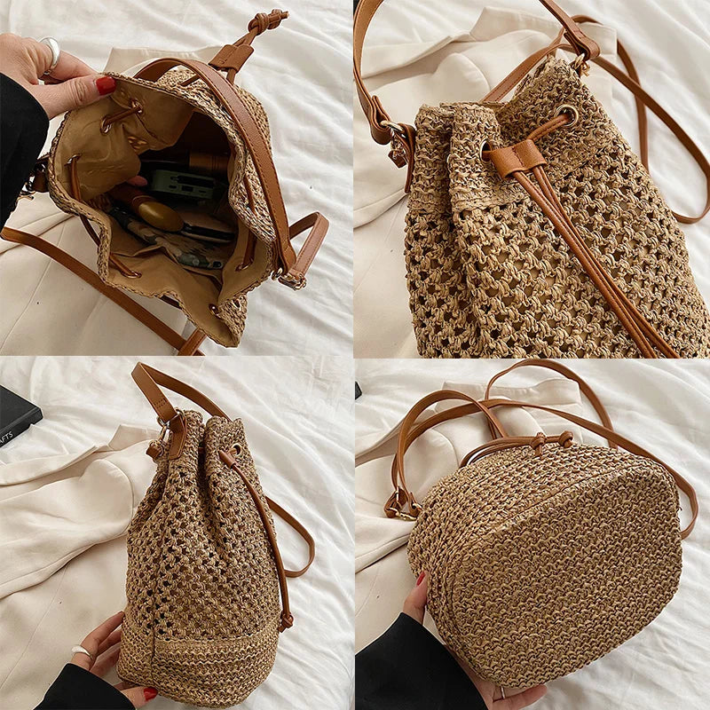 Straw Bucket Shoulder Bag Drawstring Crossbody Bag