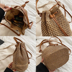 Straw Bucket Shoulder Bag Drawstring Crossbody Bag