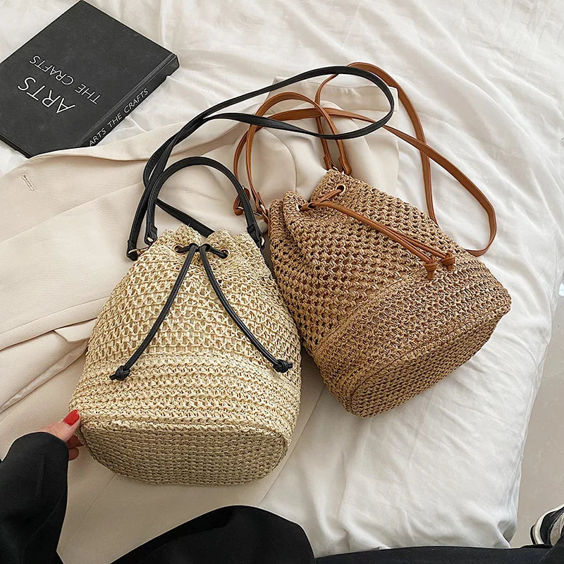 Straw Bucket Shoulder Bag Drawstring Crossbody Bag