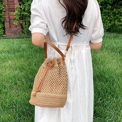 Straw Bucket Shoulder Bag Drawstring Crossbody Bag