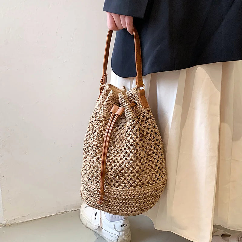 Straw Bucket Shoulder Bag Drawstring Crossbody Bag