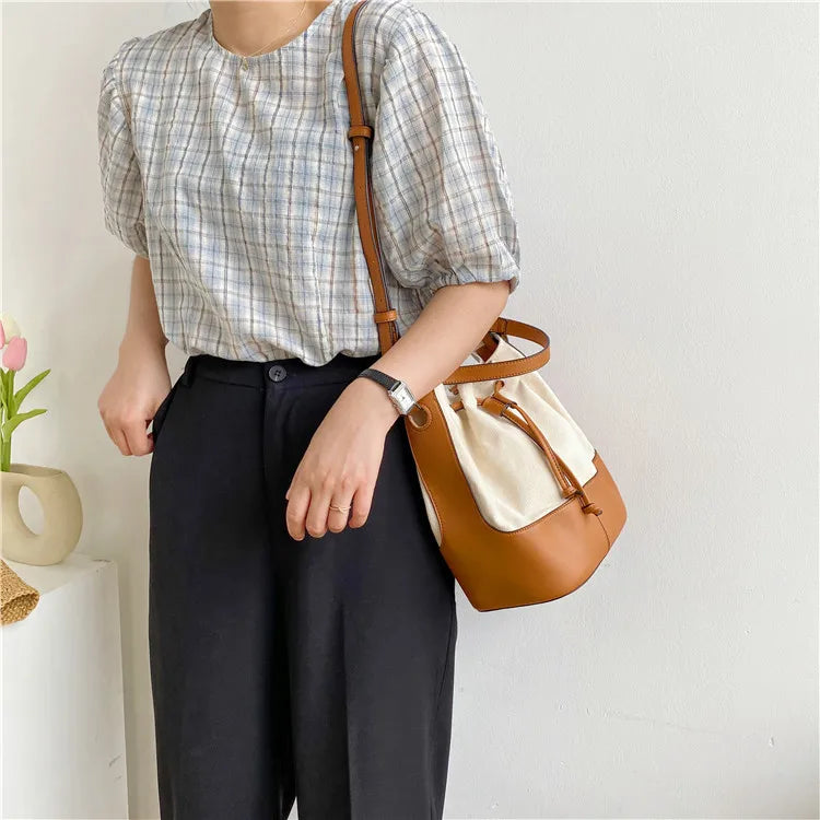 Canvas Bucket Shoulder Bag Tote Handbag Patchwork Crossbody Bags