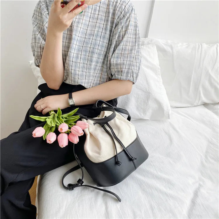 Canvas Bucket Shoulder Bag Tote Handbag Patchwork Crossbody Bags