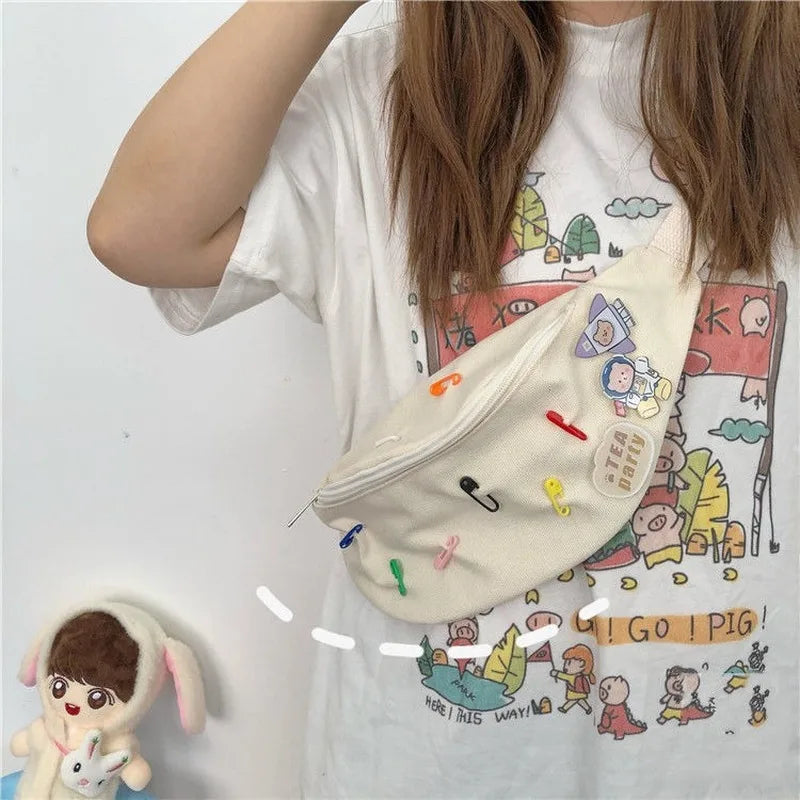 Canvas Waist Bag Women Fanny Pack with Brooch Zipper Cross Body Pouch