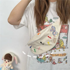 Canvas Waist Bag Women Fanny Pack with Brooch Zipper Cross Body Pouch