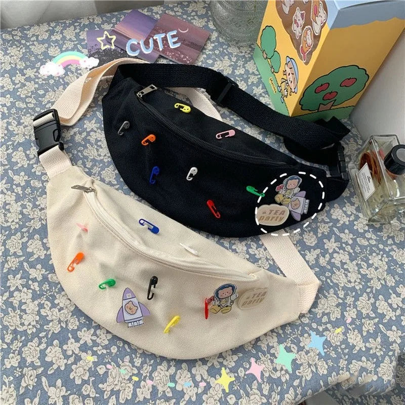 Canvas Waist Bag Women Fanny Pack with Brooch Zipper Cross Body Pouch