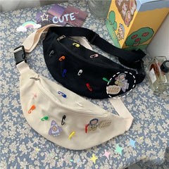 Canvas Waist Bag Women Fanny Pack with Brooch Zipper Cross Body Pouch
