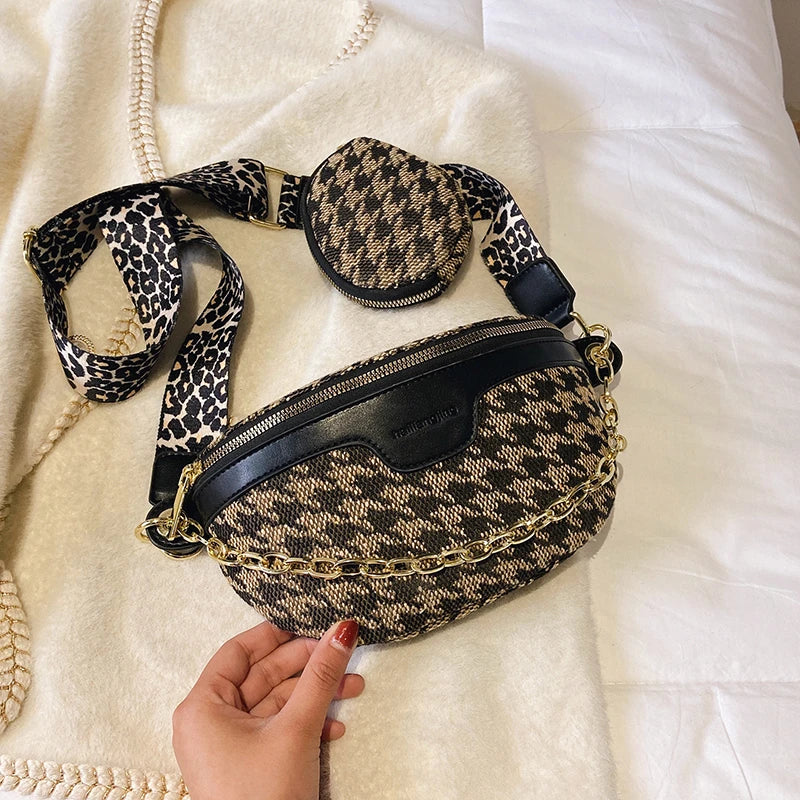 Plaid Canvas Waist Bag Chain Women's Fanny Pack 2 in 1 Shoulder Crossbody
