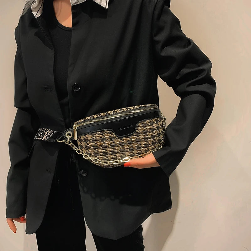 Plaid Canvas Waist Bag Chain Women's Fanny Pack 2 in 1 Shoulder Crossbody