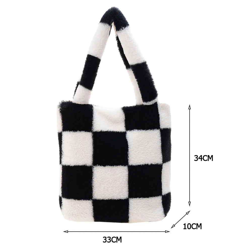 Checkered Print Shoulder Bag Plush Handbag Tote Bags Women Shopper bag