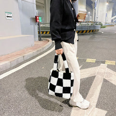Checkered Print Shoulder Bag Plush Handbag Tote Bags Women Shopper bag