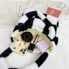 Checkered Print Shoulder Bag Plush Handbag Tote Bags Women Shopper bag