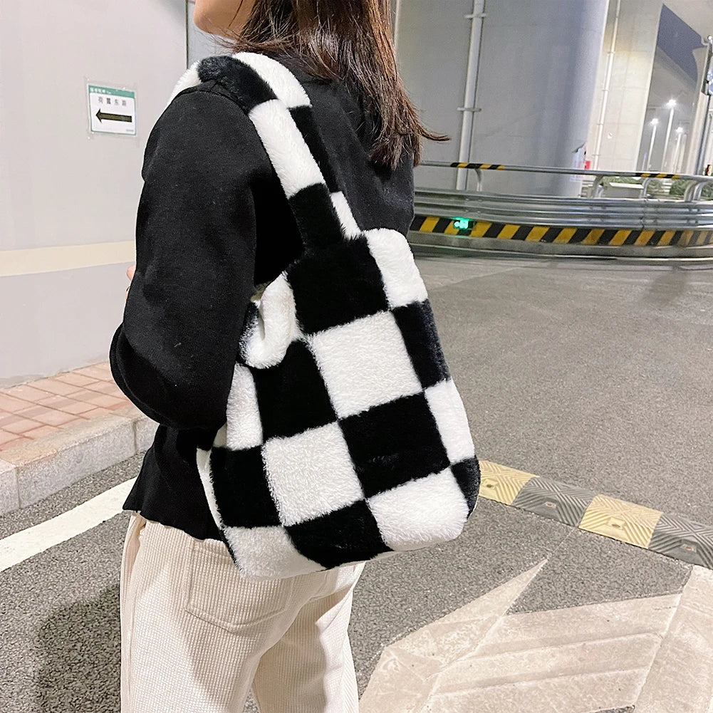 Checkered Print Shoulder Bag Plush Handbag Tote Bags Women Shopper bag