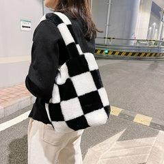 Checkered Print Shoulder Bag Plush Handbag Tote Bags Women Shopper bag