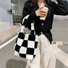 Checkered Print Shoulder Bag Plush Handbag Tote Bags Women Shopper bag
