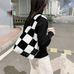 Checkered Print Shoulder Bag Plush Handbag Tote Bags Women Shopper bag