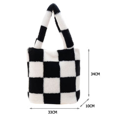 Checkered Print Shoulder Bag Plush Handbag Tote Bags Women Shopper bag