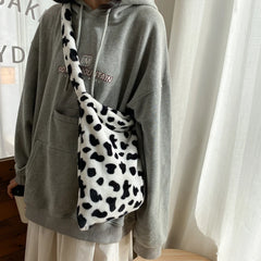 Cow Pattern Shoulder Bag Women Plush Soft Autumn Winter Fluffy Totes Hand