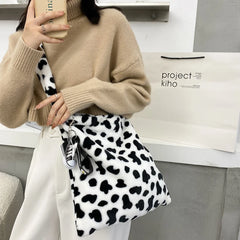Cow Pattern Shoulder Bag Women Plush Soft Autumn Winter Fluffy Totes Hand