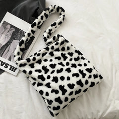 Cow Pattern Shoulder Bag Women Plush Soft Autumn Winter Fluffy Totes Hand