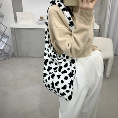 Cow Pattern Shoulder Bag Plush Soft Totes Handbag Lady Travel Purse