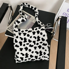 Cow Pattern Shoulder Bag Plush Soft Totes Handbag Lady Travel Purse