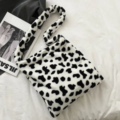 Cow Pattern Shoulder Bag Plush Soft Totes Handbag Lady Travel Purse