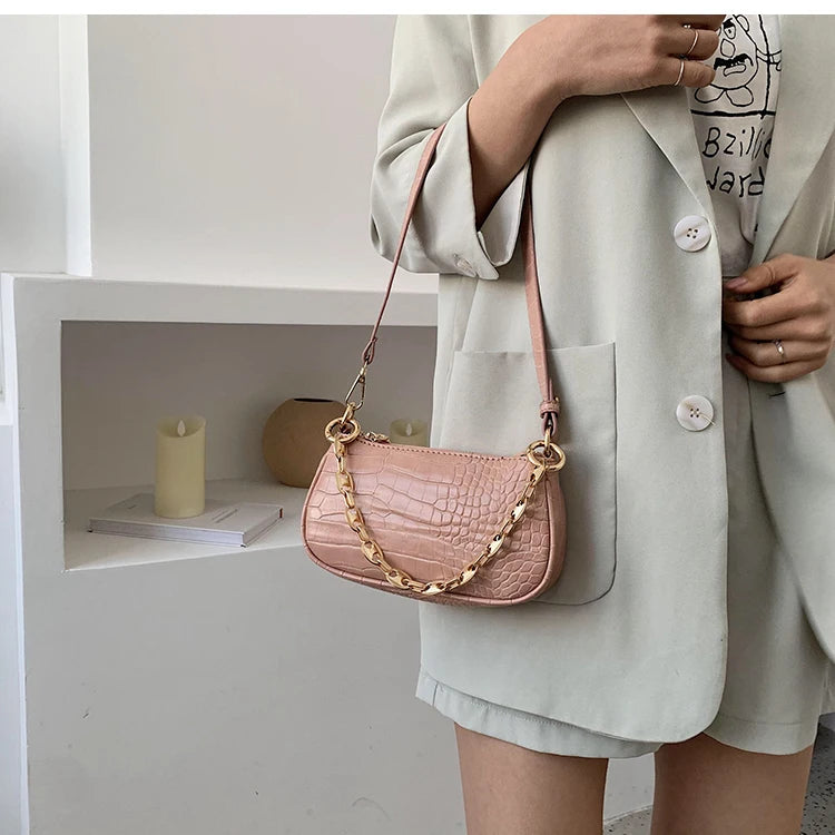 Crocodile Pattern Mini PU Leather Shoulder Bag for Women with Chain Hand Bag