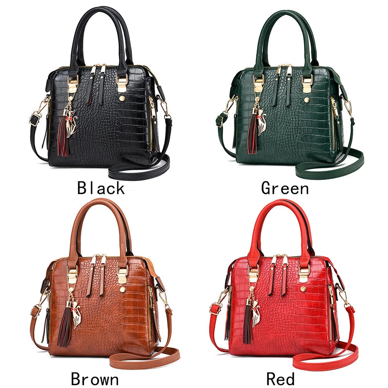 Crocodile Pattern Handbag Women PU Leather Tassel Shoulder Bag Lady Purse