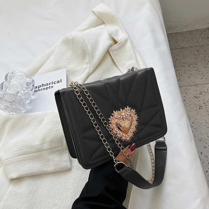Embroidered Thread PU Leather Shoulder Bag with Metal Sheet Heart