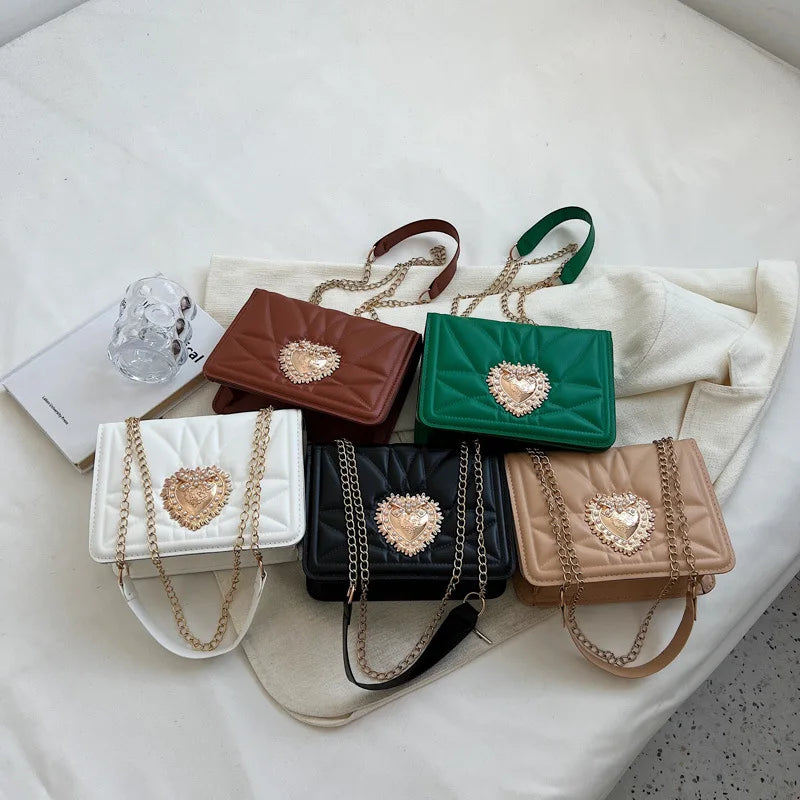 Embroidered Thread PU Leather Shoulder Bag with Metal Sheet Heart