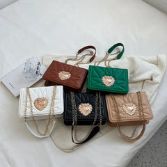 Embroidered Thread PU Leather Shoulder Bag with Metal Sheet Heart