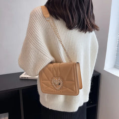 Embroidered Thread PU Leather Shoulder Bag with Metal Sheet Heart