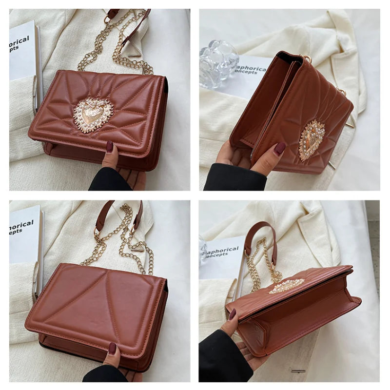 Embroidered Thread PU Leather Shoulder Bag with Metal Sheet Heart