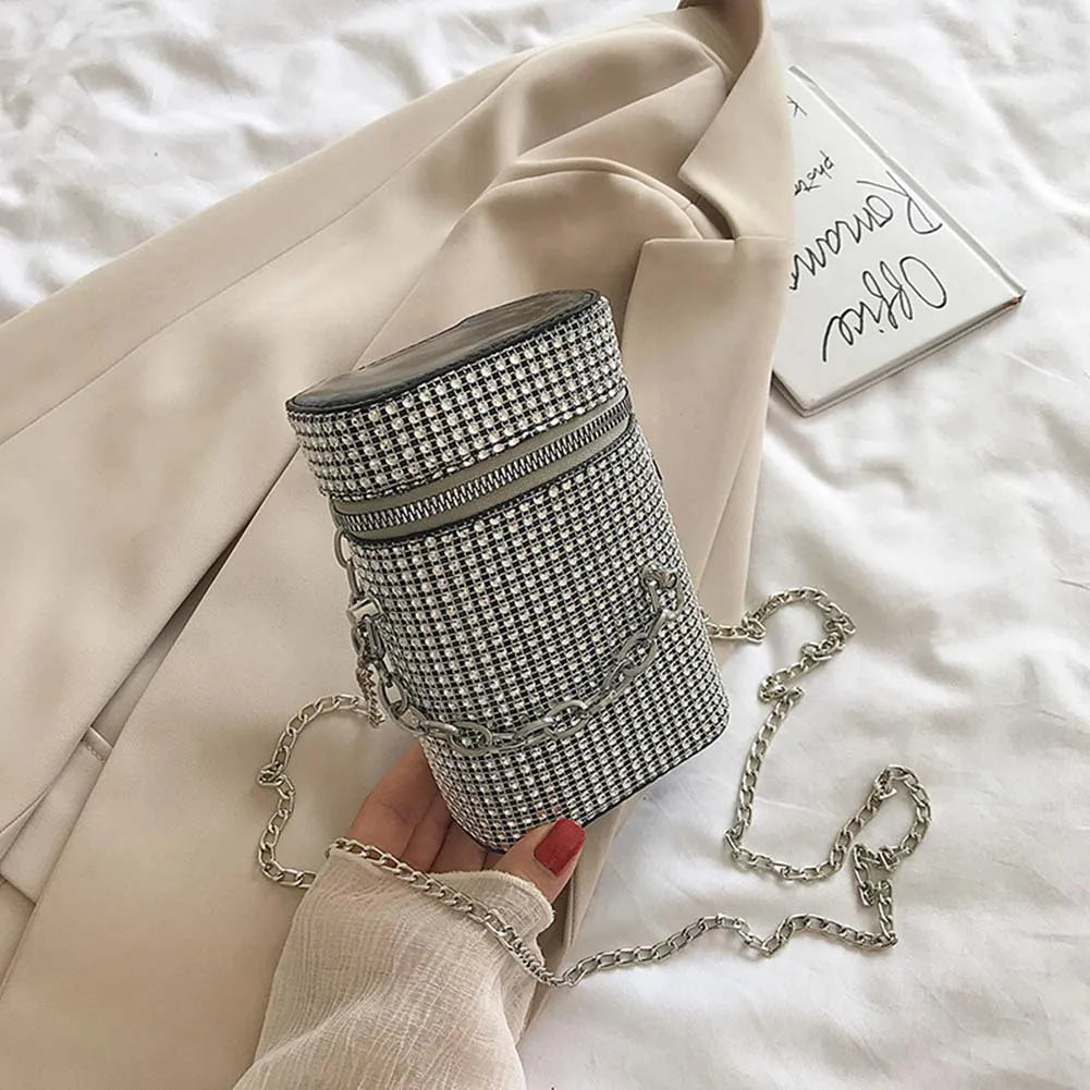 Diamond Shoulder Bag Women Leather Cylinder Bucket Drawstring Handbag