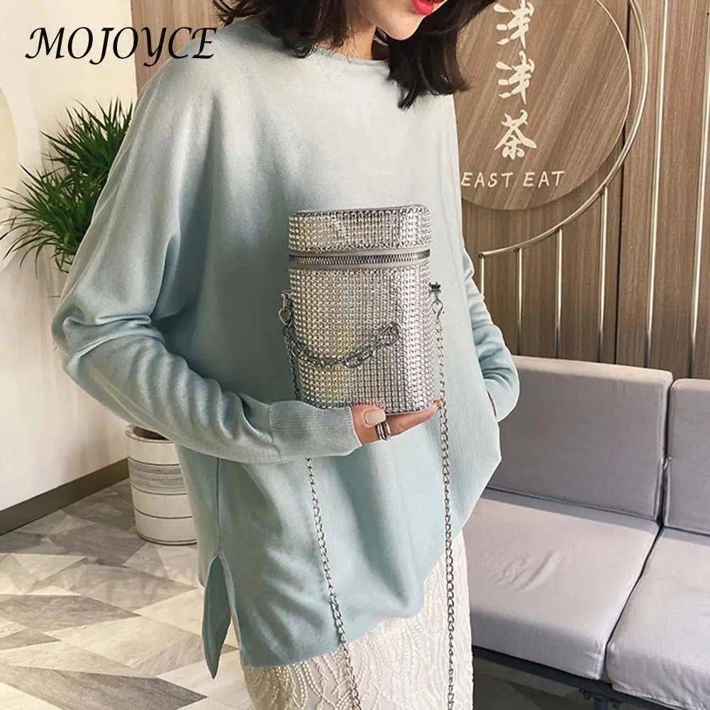 Diamond Shoulder Bag Women Leather Cylinder Bucket Handbag