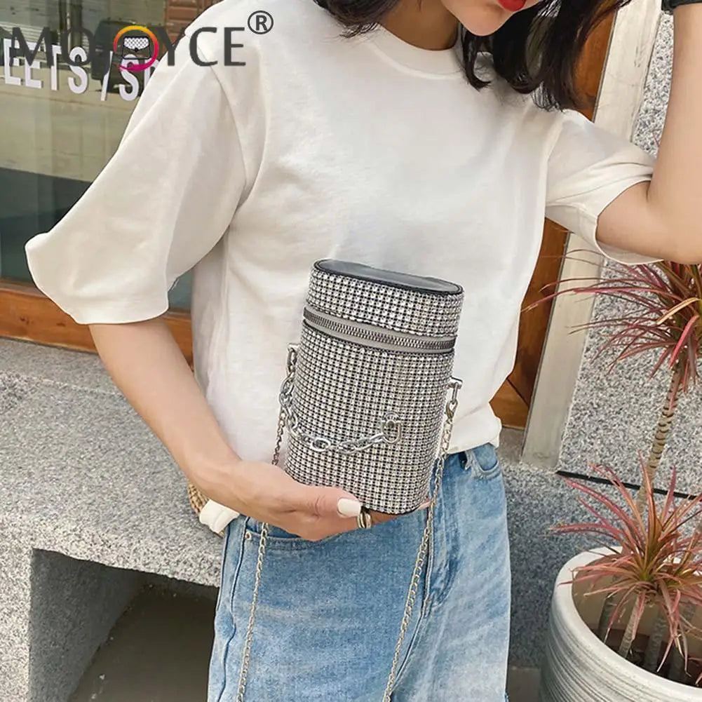 Diamond Shoulder Bag Women Leather Cylinder Bucket Drawstring Handbag
