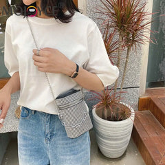 Diamond Shoulder Bag Women Leather Cylinder Bucket Drawstring Handbag
