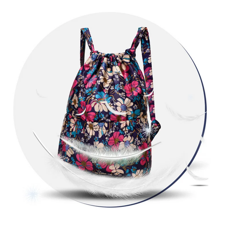 Flower Ethnic Style Drawstring Backpack Lightweight Waterproof Nylon Rucksack