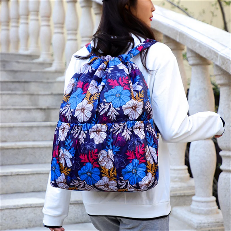 Flower Ethnic Style Drawstring Backpack Lightweight Waterproof Nylon Rucksack
