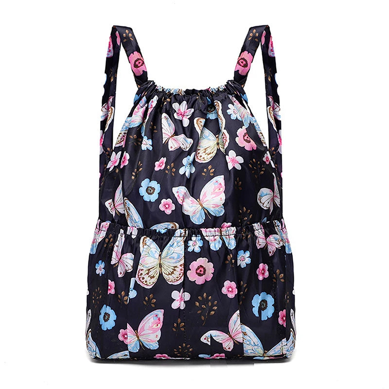 Flower Ethnic Style Drawstring Backpack Lightweight Waterproof Nylon Rucksack