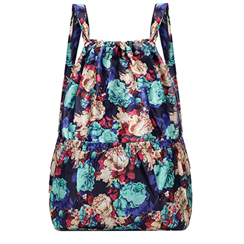 Flower Ethnic Style Drawstring Backpack Lightweight Waterproof Nylon Rucksack