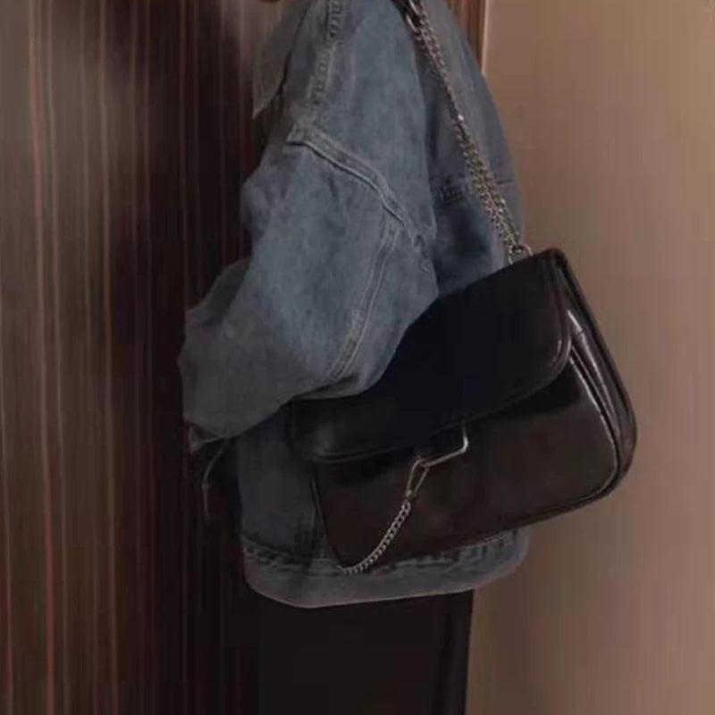 Women's Embroidery Thread Shoulder Bag Soft Leather Messenger Chains Crossbody H
