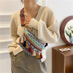 Ethnic Style PU Leather Stripes Shoulder Bag Tassel Mini Purse Handbag