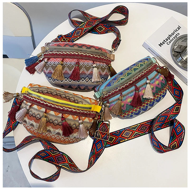Ethnic Style PU Leather Stripes Shoulder Bag Tassel Mini Purse Handbag